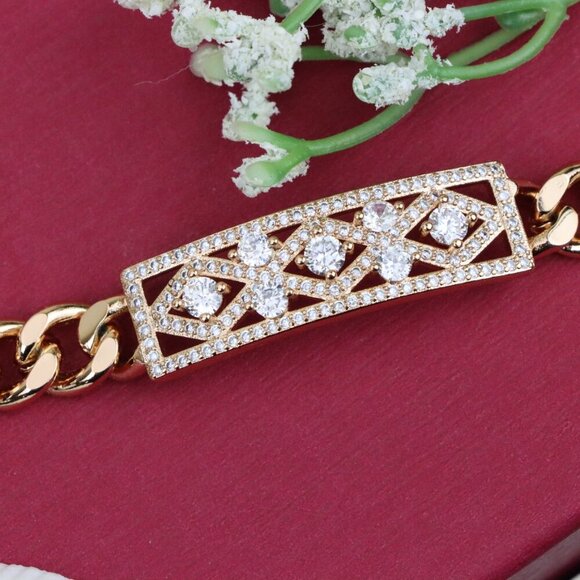 "Rose Gold Bracelet with Geometric CZ Panel and Bold Chain, XPBL0816 - Picture 10 of 12